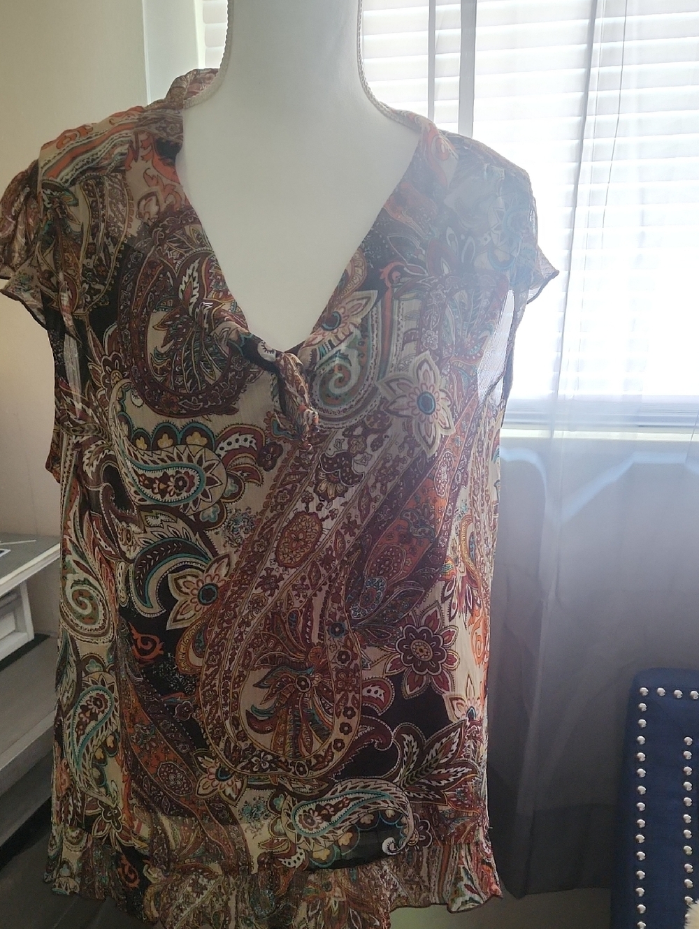 AB Studio Brown Multi Paisley Sheer V-Neck Blouse